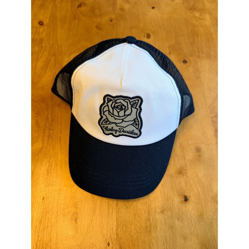 Harley Davidson Rose Patch Trucker Hat Black White Mesh Snapback Cap